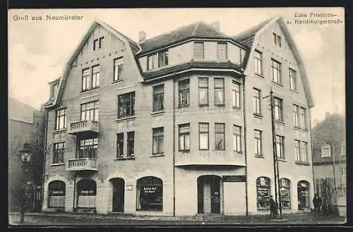 AK Neumünster, Falken-Drogerie v. Heinrich Ebel, Bahnhofs-Café, Ecke Friedrich- und Rendsburgerstrasse