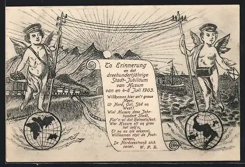 Künstler-AK Husum / Nordsee, Festpostkarte 300jähriges Stadtjubiläum 1903, Dampfer & Engel