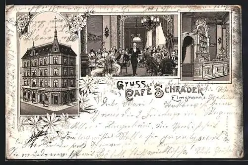 Lithographie Elmshorn, Café Schrader mit Innenansicht vom Speiseraum