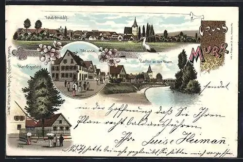Lithographie Murr / Württemberg, Strasse, Hardtgericht, Partie an der Murr, Totalansicht