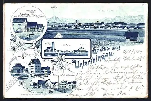 Lithographie Unterthingau, Gasthaus zum Rössle, Pfarrhause, Kirche, Schule, Gesamtansicht