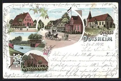 Lithographie Odisheim, Brüning`s Gasthof, Hauptschule, Pfarrhaus