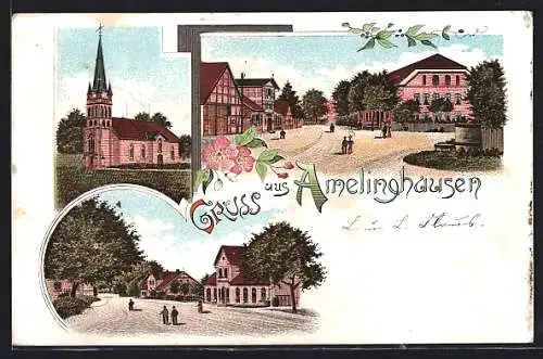 Lithographie Amelinghausen, Strassenpartie im Ort, Kirche