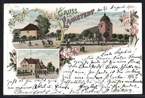 Lithographie Lamstedt, Kirche, Postamt, Grosse Strasse