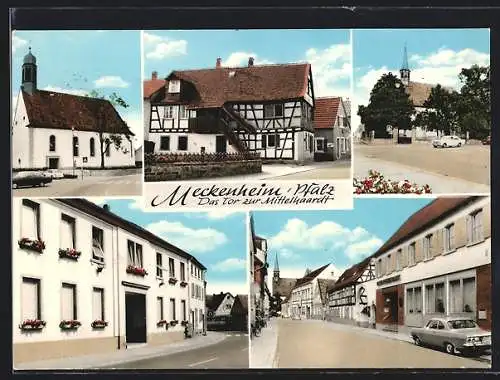 AK Meckenheim / Pfalz, Strassenpartie mit Bank, Kirche, Fachwerkhaus