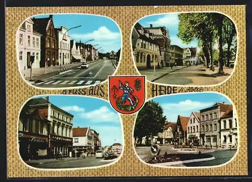 AK Heide i. Holst., Vier Ansichten aus der Stadt mit Wappen
