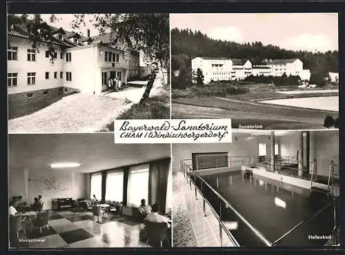 AK Cham-Windischbergerdorf, Bayerwald-Sanatorium, Hauseingang, Sanatorium, Musikzimmer, Hallenbad