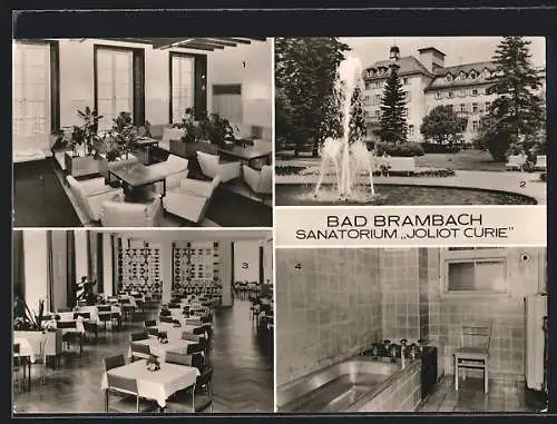 AK Bad Brambach (Kr. Oelsnitz), Sanatorium Joliot Curie-Vestibül, Speisesaal, Badekabine
