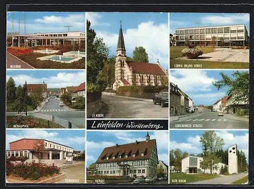 AK Leinfelden /Württemberg, Ev. Kirche, Rathaus, Ludwig Uhland-Schule, Echterdinger Str., Kath. Kirche, Hallenbad