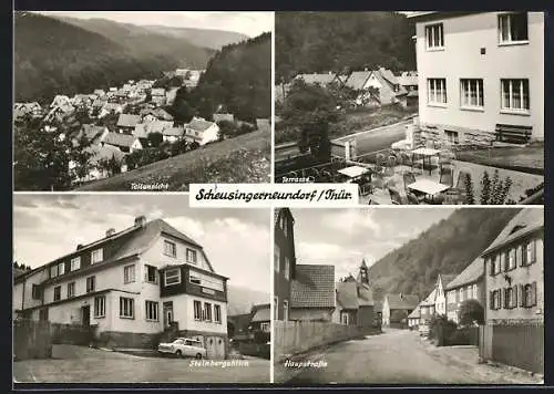 AK Schleusingerneundorf /Thür., Teilansicht, Gasthaus Steinbergsblick mit Terrasse, Hauptstrsse
