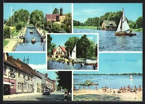 AK Storkow, Schleuse, Storkower See, Marktplatz, Sportlerheim Wilhelm Winkler