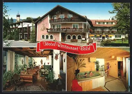 AK Oberammergau, Hotel-Restaurant Böld in drei Ansichten