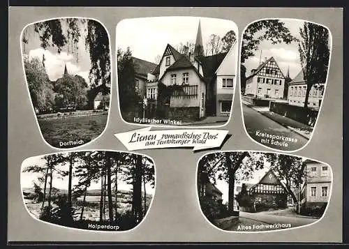 AK Lienen /W., Kreissparkasse mit Schule, Altes Fachwerkhaus, Holperdorp