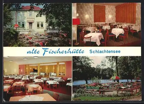 AK Berlin-Schlachtensee, Cafe-Restaurant-Pension Alte Fischerhütte, Aussenansicht u. Inneres, Bes. G. Zimmer