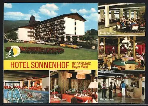 AK Bodenmais i. Bayer. Wald, Hotel Sonnenhof-Hotelhalle, Waldlerstube, Rezeption und Hallenbad mit Solarium