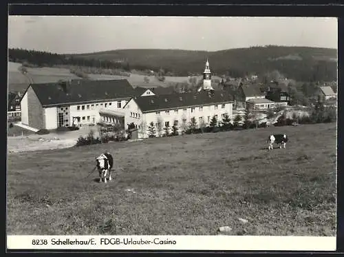 AK Schellerhau /E., Blick von einer Anhöhe auf das FDGB-Urlauber-Casino