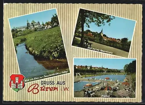 AK Büren i. W., Blick v. d. Alme zur Jesuitenkirche u. Kolleg, Blick auf die Pfarrkirche, Freibad