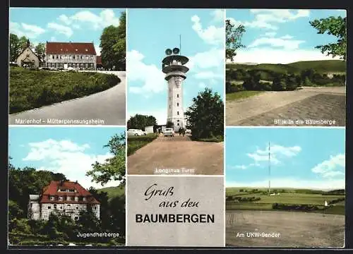 AK Nottuln, Blick in die Baumberge, am UKW-Sender, Longinus-Turm, Jugendherberge, Marienhof-Müttergenesungsheim