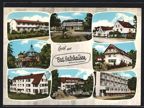 AK Bad Salzhausen, Kurhotel Sachs, Staatl. Kurhaus, Haus Christiansruh, Tannenhof, Ev. Mütterheim, Kriegsblindenheim