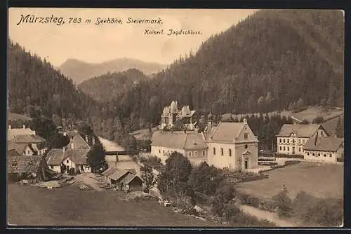 AK Mürzsteg, Totalansicht mit kaiserl. Jagdschloss