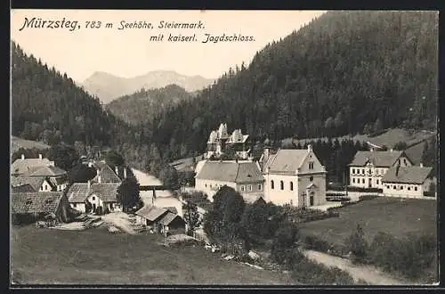 AK Mürzsteg, Panorama mit kaiserl. Jagdschloss