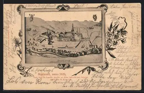 Künstler-AK Mariazell, Teilansicht mit Kirche anno 1626