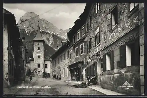 AK Eisenerz, Ortsansicht mit Pfaffenstein, Gasthaus Caféhaus