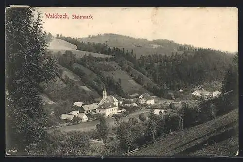 AK Waldbach, Ortsansicht von einem Berg aus