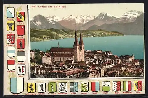 AK Luzern, Teilansicht mit Kirche und den Alpen, Wappen von Tessin, Bern und Glarus