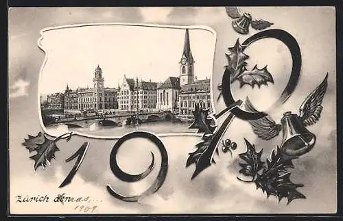 AK Zürich, Uferpartie mit Brücke, Fliegende Glocke 1910, Passepartout