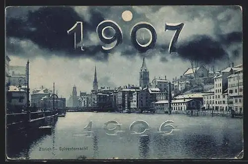 AK Zürich, Uferpartie bei Mondschein, Sylvester 1907