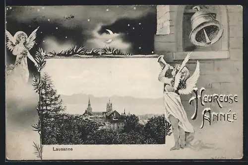 AK Lausanne, Blick auf das Schloss, Glockenturm und Engel bei Mondschein, Neujahrsgruss