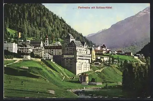 AK Pontresina, Ortspartie mit Schloss-Hotel