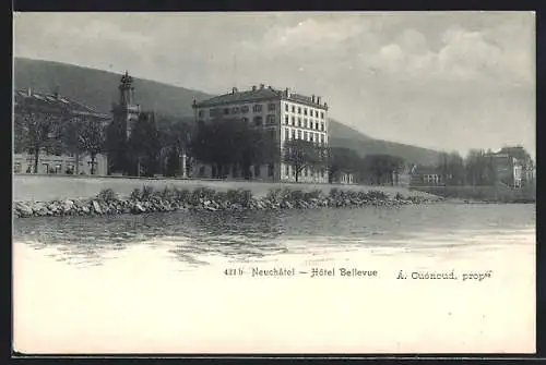 AK Neuchatel, Hotel Bellevue, vom Wasser gesehen