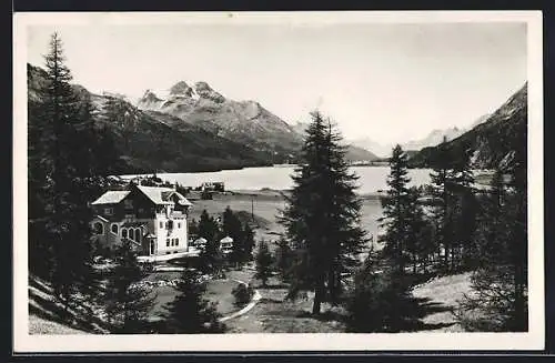 AK Silvaplana, Hotel-Pension Waldheim mit Blick auf See und Gebirge