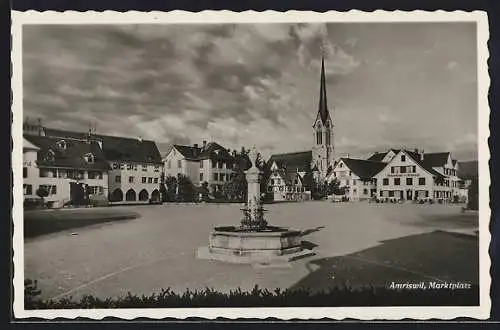 AK Amriswil, Marktplatz mit Brunnen und Blick zur Kirche