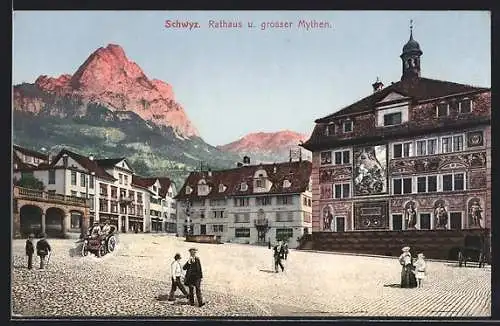 AK Schwyz, Teilansicht mit Rathaus und grosser Mythen