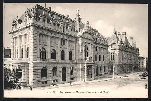 AK Lausanne, banque Cantonale et poste, Strassenbahn