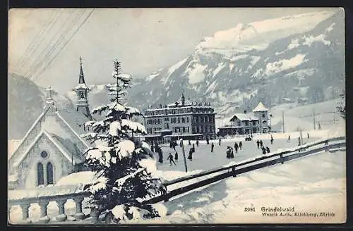 AK Grindelwald, Ortspartie mit Kirche im Winter