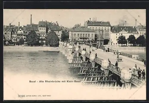 AK Basel, Alte Rheinbrücke mit Klein-Basel