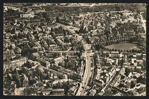 AK Basel, Strasse Spalenring mit Pauluskirche, Fliegeraufnahme