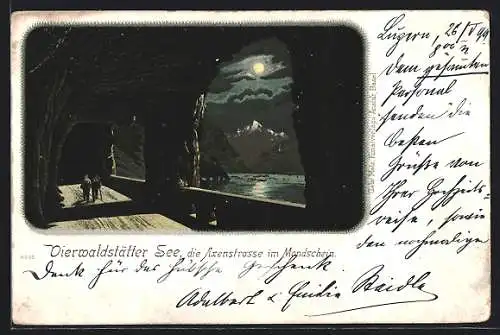 Lithographie Axenstrasse /Vierwaldstättersee, Ortspartie im Mondschein