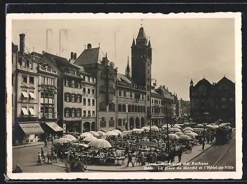 AK Basel, Marktplatz mit Geschäften und Rathaus