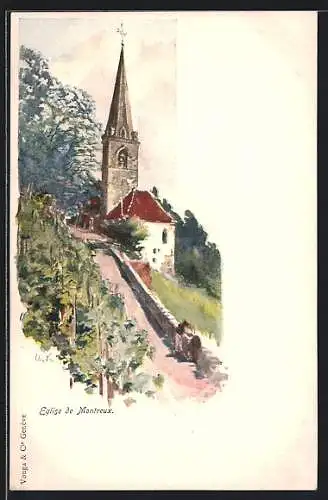 Künstler-AK Montreux, Kirche im Ort