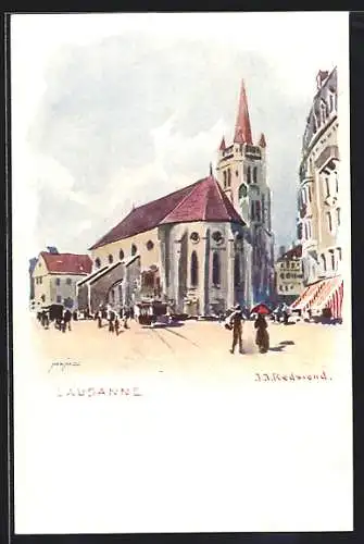 Lithographie Lausanne, Strassenpartie mit Kirche und Strassenbahn