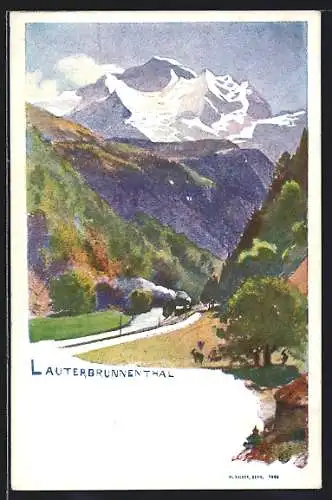 Lithographie Lauterbrunnen /Lauterbrunnenthal, Ortspartie mit Bergen