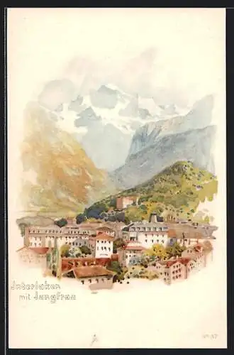 Lithographie Interlaken, Panorama mit Jungfrau