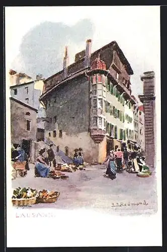 Künstler-AK Lausanne, Marktfrauen auf der Strasse