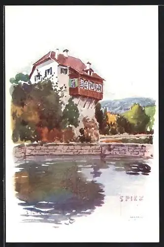 Künstler-AK Spiez, Blick auf Bürgerhaus am See