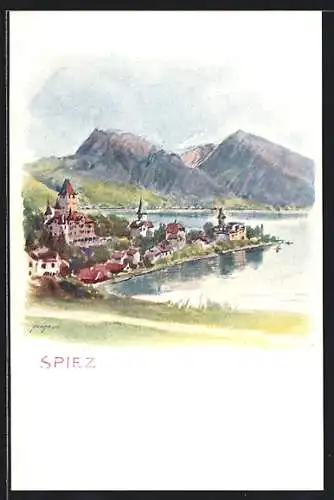 Künstler-AK Spiez, Ortsansicht mit See und Gebirge